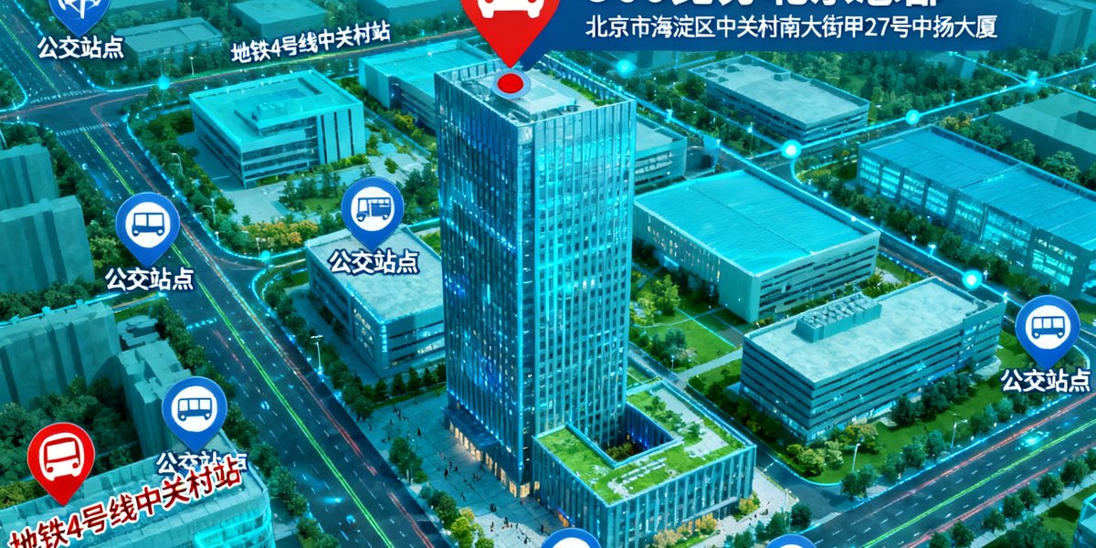 500比分北京总部所在地理位置示意地图，标注北京市海淀区中关村南大街甲27号中扬大厦，周边有地铁4号线中关村站和多个公交站点，区域以科技园区为主