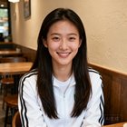 一位年轻中国女性球迷李雨桐的头像，长发披肩，穿着白色运动外套，面带微笑，背景是室内咖啡馆环境